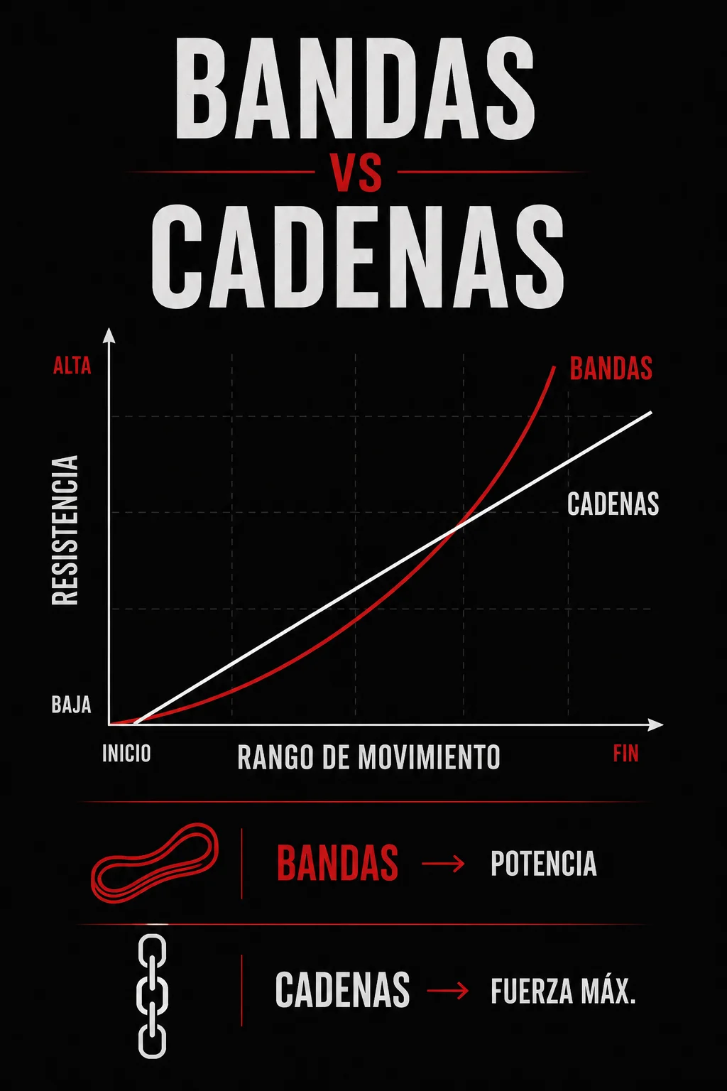 Comparación de una banda elástica y una cadena montadas en la barra