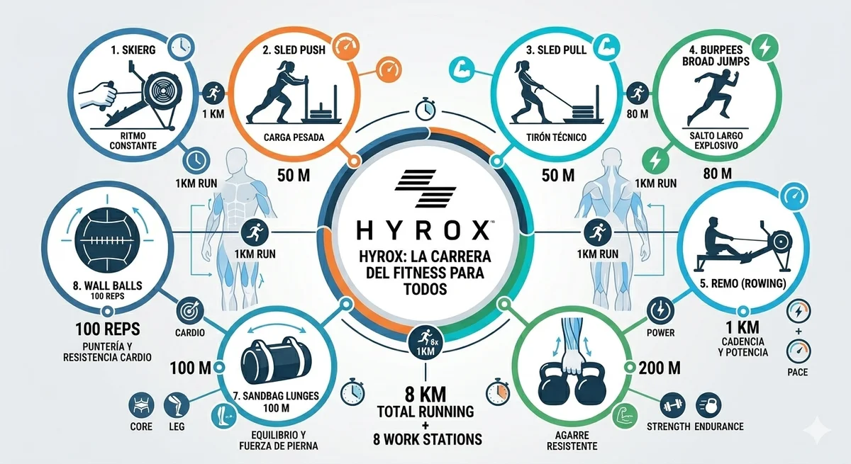 Infografía circular de las 8 estaciones de HYROX: SkiErg, Sled Push, Sled Pull, Burpee Broad Jumps, Rowing, Farmers Carry, Sandbag Lunges y Wall Balls