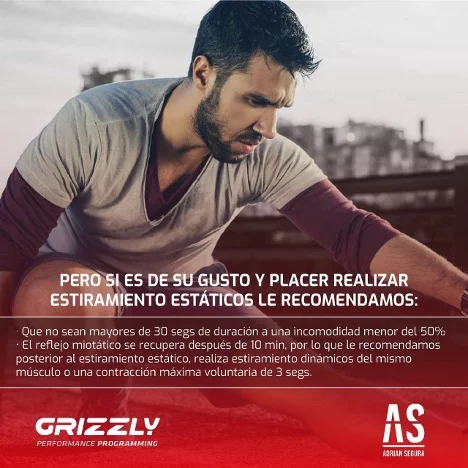 Atleta concentrado antes de una sesión de entrenamiento; tarjeta con recomendaciones para aplicar estiramientos estáticos sin perder rendimiento
