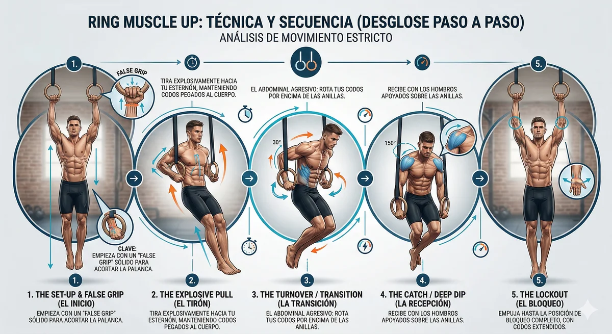 Infografía del ring muscle up con desglose paso a paso de las cinco fases: set-up con false grip, tirón explosivo, transición, recepción y bloqueo final