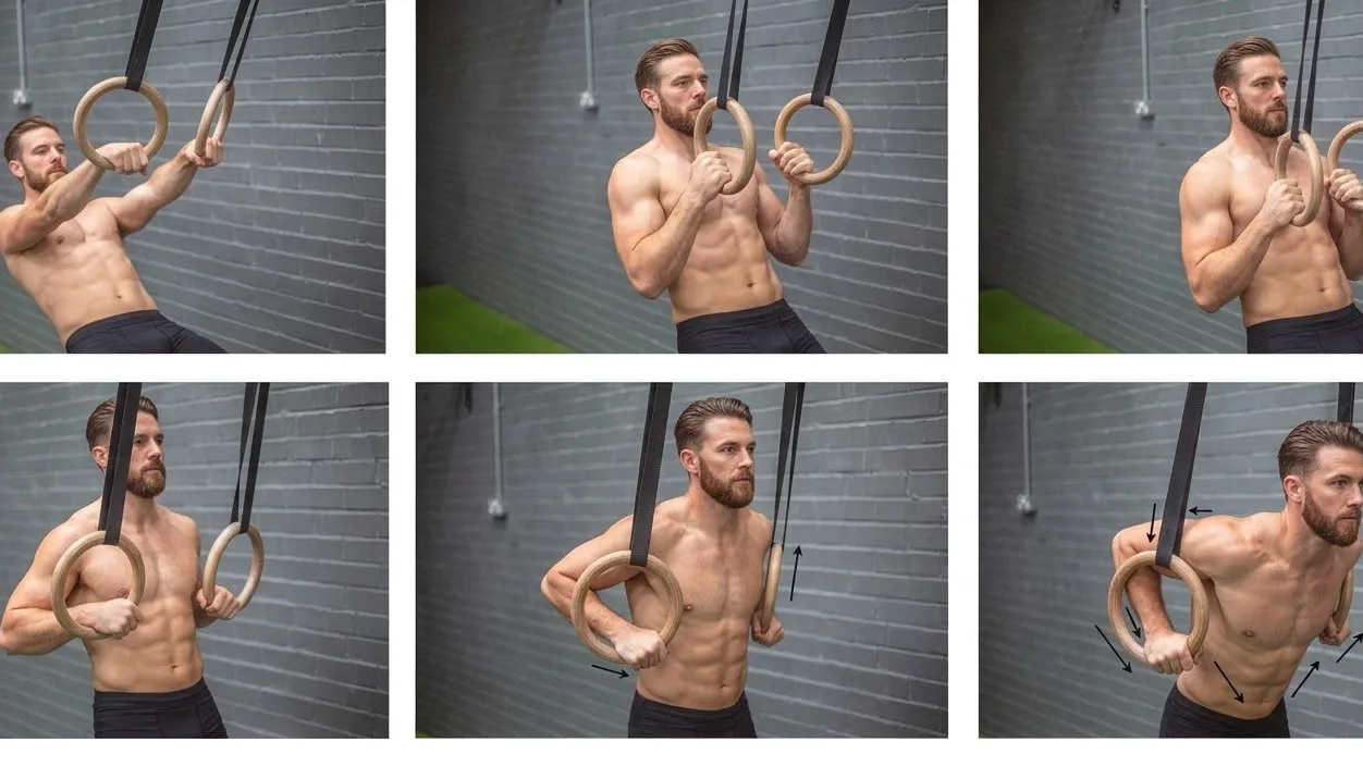 Secuencia completa del ring muscle up: atleta ejecutando las seis fases del movimiento en anillas de CrossFit