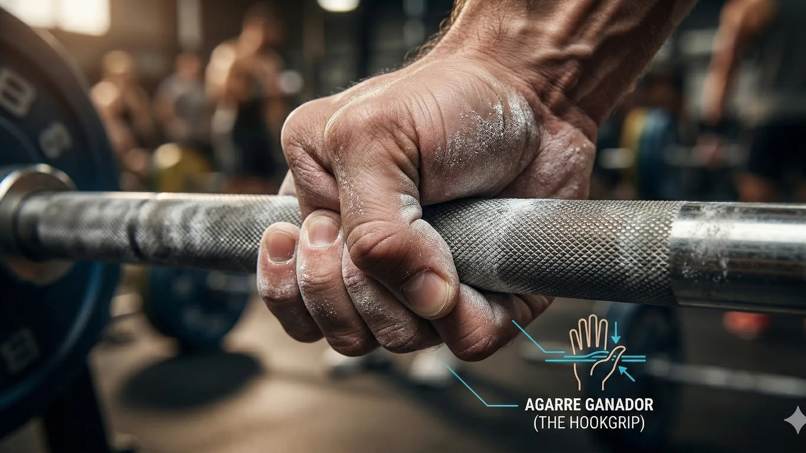 Primer plano de manos con hook grip sobre la barra en un snatch olímpico
