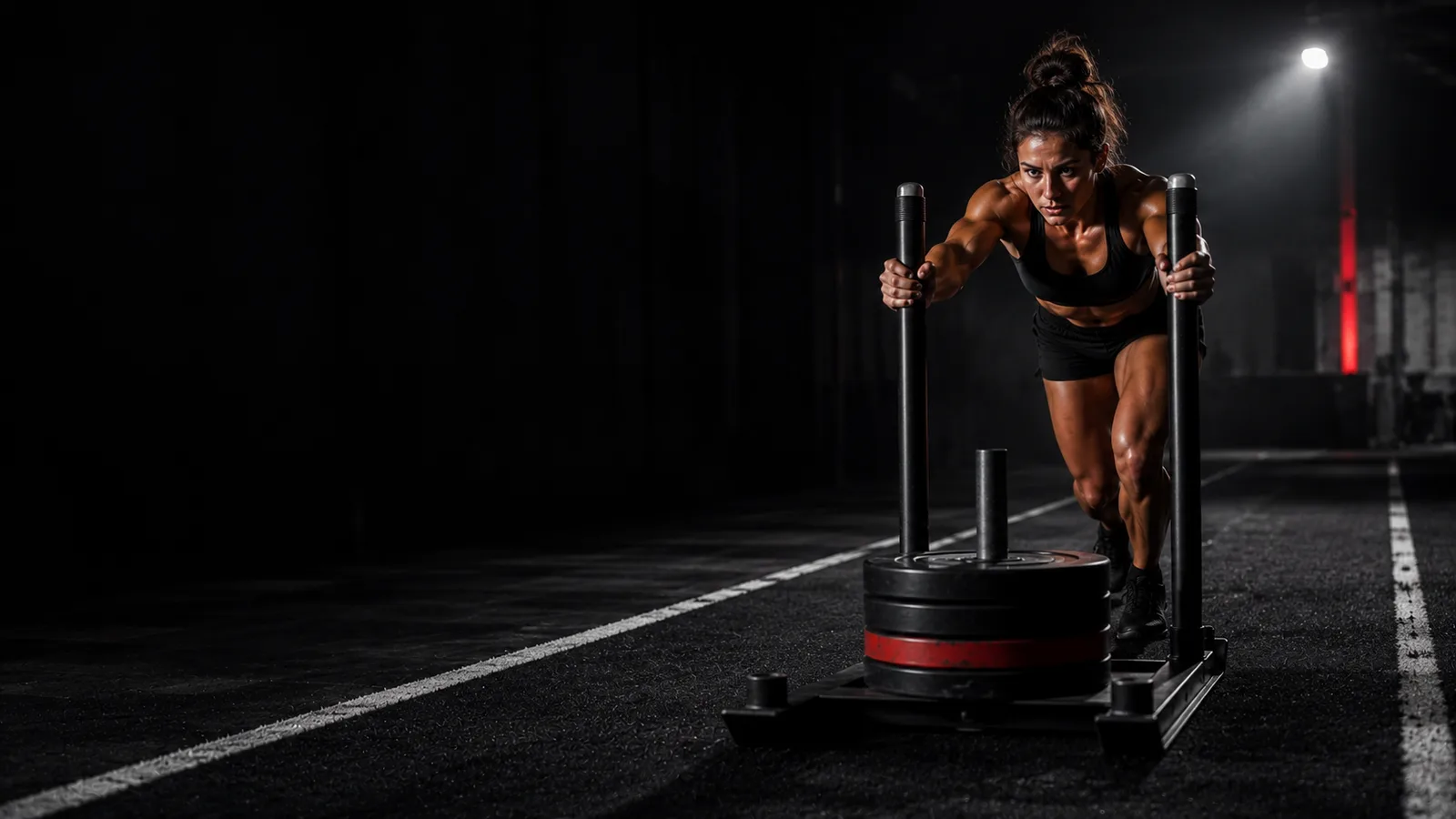 Atleta femenina corriendo con kettlebells en una competencia HYROX con banners oficiales del evento