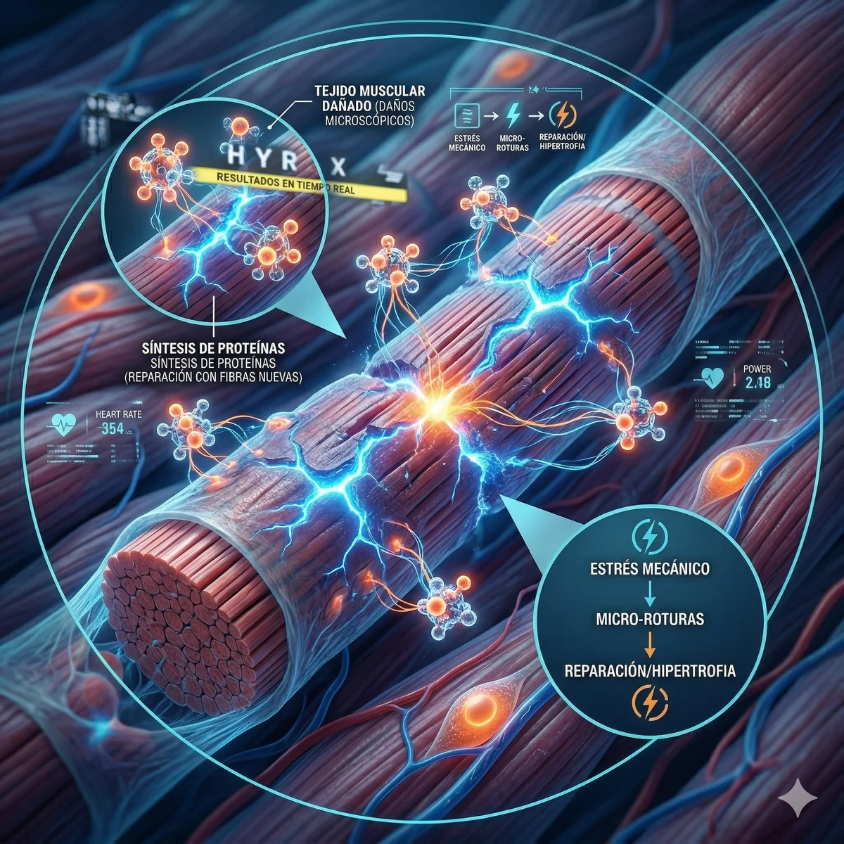 Diagrama de fibra muscular mostrando los tres mecanismos de hipertrofia: tensión mecánica, estrés metabólico y daño muscular con síntesis de proteínas