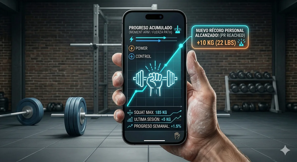 Mano sosteniendo un teléfono con aplicación de registro de entrenamiento mostrando progreso acumulado en sentadilla y nuevo récord personal de fuerza