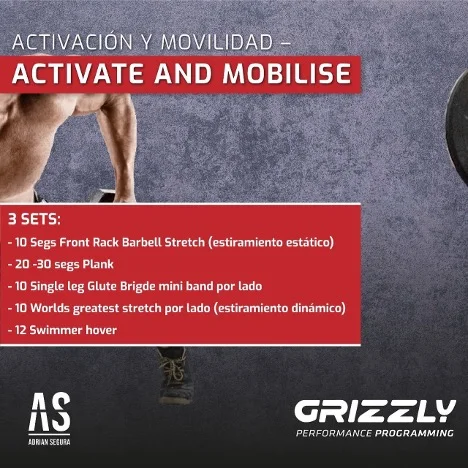 Infografía de las fases de Activación y Movilidad del protocolo RAMP: ejercicios de Core, estiramientos estáticos y dinámicos para CrossFit